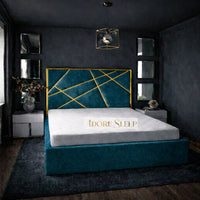 Plush Velvet Teal - Knightsbridge Regal Mosaic Luxury Panel Bed Frame with Gold Strip – Upholstered