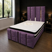 Naples Purple - Chevronne Luxury Chevron Panel Bed – Designer Upholstered Bed Frame with Metallic Inlay Detailing
