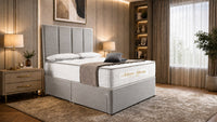 Naples Silver - Kensington Grande Luxury Divan Bed – Premium Upholstered Bed Frame with Tall Vertical Panel Headboard