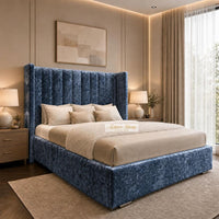 Crushed Velvet Denim Blue - Harrington Luxury Wingback Bed – Premium Upholstered Bed Frame with Tall Panel Headboard