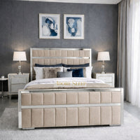 Naples Beige - Aurelius Linear Upholstered Designer Bed | Luxury Gold Frame Statement Bed