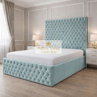 Plush Velvet Duck Egg - Sovereign Élan Luxury Upholstered Bed – Deep Button-Tufted Headboard & Padded Statement Frame