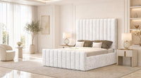 Crushed Velvet White - Langham Column Luxury Panelled Ottoman Storage Bed