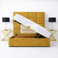 Plush Velvet Mustard Gold - Kensington Royale Luxury Ottoman Divan Storage Bed Frame – Premium Panelled Headboard