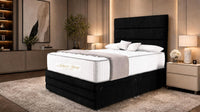 Plush Velvet Black - Monaco Luxe Luxury Divan Bed – Premium Upholstered Panelled Headboard with Storage