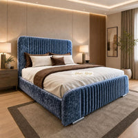 Crushed Velvet Denim Blue - Beaumont Luxury Fluted Wing Bed – Designer Upholstered Bed Frame with Statement Headboard & Footboard