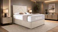 Naples Cream - Aurelia Geometric Luxe Divan Bed with Statement Panelled Headboard & Storage