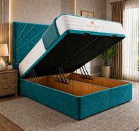 Plush Velvet Teal - Meridian Abstract Geometry Ottoman Divan Bed | Luxury Hydraulic Storage Bed Frame