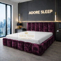 Crushed Velvet Aubergine - Savoy Aurelia Luxury Upholstered Bed Frame – Sculpted Panel Statement Bed