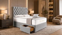 Plush Velvet Silver - Regency Diamond Luxury Divan Bed – Deep Button-Tufted Headboard with Premium Upholstered Frame & Storage