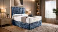 Crushed Velvet Denim Blue - Kensington Grande Luxury Divan Bed – Premium Upholstered Bed Frame with Tall Vertical Panel Headboard