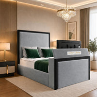 Plush Velvet Steel - Claridge Luxury Framed TV Bed – Premium Upholstered Bed Frame with Integrated TV Footboard