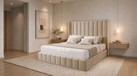 Plush Velvet Beige - Chelsea Luxury Channel Panel Bed – Premium Upholstered Bed Frame with Statement Headboard