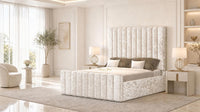 Crushed Velvet Cream - Langham Column Luxury Panelled Ottoman Storage Bed