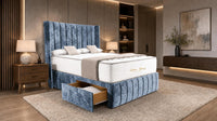 Crushed Velvet Denim Blue - Valentina Vertical Luxe Divan Bed – Channelled Statement Headboard & Storage