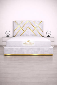 Crushed Velvet White - Regalia Noir Luxury Upholstered Bed – Geometric Designer Headboard with Metallic Accent Detailing