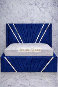 Plush Velvet Sapphire - Bat Radiance Luxury Panel Bed Frame with Silver Strip – Upholstered
