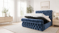 Crushed Velvet Denim Blue - Windsor Chesterfield Luxury Scroll Bed Frame