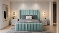 Plush Velvet Duck Egg - Mayfair Luxury Panelled Bed – Premium Upholstered Bed Frame with Statement Headboard & Footboard