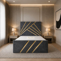 Naples Charcoal - Monaco Luxury Geometric Bed – Designer Upholstered Bed Frame with Metallic Inlay Detailing