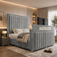 Plush Velvet Grey - Savoy Luxury Piped Panel TV Bed – Designer Upholstered Bed Frame with Integrated TV Footboard