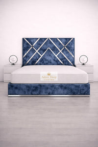 Crushed Velvet Denim Blue - Regal Diamond Luxury Panel Bed Frame with Silver Strip – Upholstered