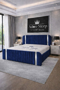 Plush Velvet Sapphire - Spencer Luxury Curved Fluted Bed Frame with Gold Strip – Upholstered