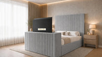 Naples Silver - Montreux Luxury Fluted TV Bed – Premium Upholstered Bed Frame with Integrated TV Footboard