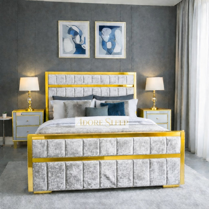 Crushed Velvet White - Aurelius Linear Upholstered Designer Bed | Luxury Gold Frame Statement Bed