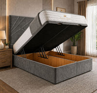 Plush Velvet Grey - Meridian Abstract Geometry Ottoman Divan Bed | Luxury Hydraulic Storage Bed Frame