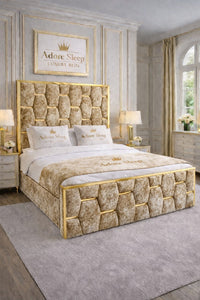 Crushed Velvet Gold - Sovereign Geometric Upholstered Designer Bed | Luxury Gold Trim Bed Frame