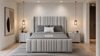 Plush Velvet Silver - Mayfair Luxury Panelled Bed – Premium Upholstered Bed Frame with Statement Headboard & Footboard