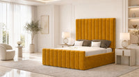 Plush Velvet Mustard Gold - Langham Column Luxury Panelled Ottoman Storage Bed