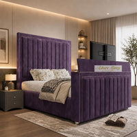 Naples Purple - Savoy Luxury Piped Panel TV Bed – Designer Upholstered Bed Frame with Integrated TV Footboard