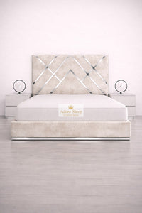 Crushed Velvet Cream - Regal Diamond Luxury Panel Bed Frame with Silver Strip – Upholstered