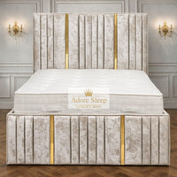Crushed Velvet Champagne - Celestine Luxe Vertical Panelled Gold Strip Upholstered Bed Frame | Luxury Statement Bed