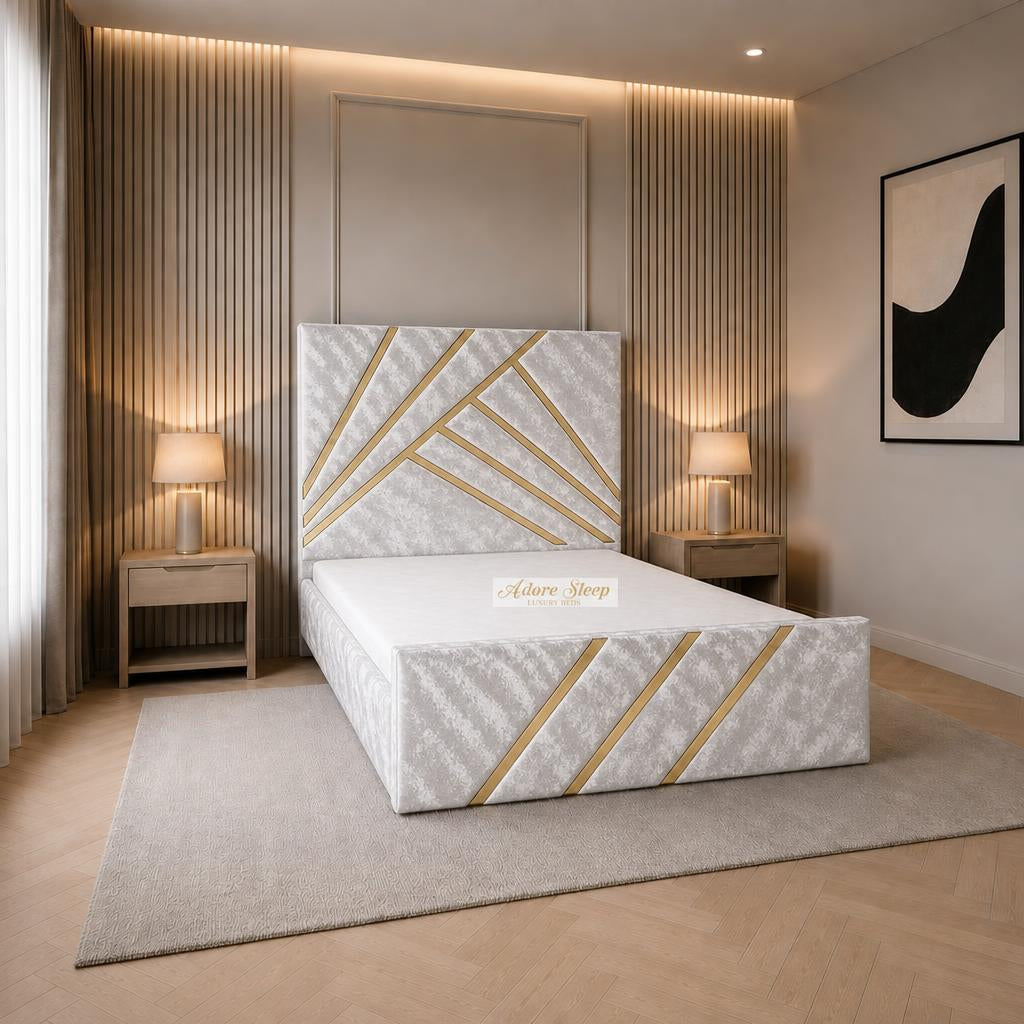 Crushed Velvet White - Monaco Luxury Geometric Bed – Designer Upholstered Bed Frame with Metallic Inlay Detailing