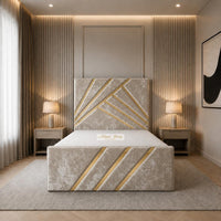 Crushed Velvet Champagne - Monaco Luxury Geometric Bed – Designer Upholstered Bed Frame with Metallic Inlay Detailing