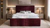 Plush Velvet Maroon - Valentina Luxury Chevron Panel Bed – Designer Upholstered Bed Frame with Statement Headboard & Footboard