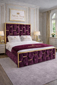 Crushed Velvet Aubergine - Sovereign Geometric Upholstered Designer Bed | Luxury Gold Trim Bed Frame