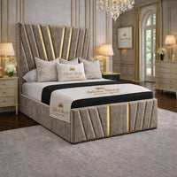 Crushed Velvet Mink - Valentina Royale Luxury Upholstered Bed Frame – Statement Winged Headboard, Panelled Footboard