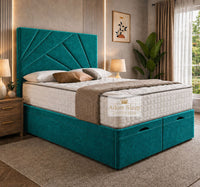 Plush Velvet Teal - Meridian Abstract Geometry Ottoman Divan Bed | Luxury Hydraulic Storage Bed Frame