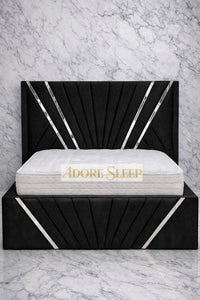 Plush Velvet Black - Bat Radiance Luxury Panel Bed Frame with Silver Strip – Upholstered