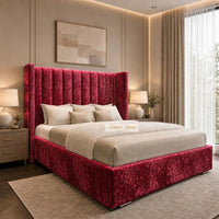 Crushed Velvet Red - Harrington Luxury Wingback Bed – Premium Upholstered Bed Frame with Tall Panel Headboard