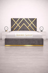 Plush Velvet Steel - Regalia Noir Luxury Upholstered Bed – Geometric Designer Headboard with Metallic Accent Detailing