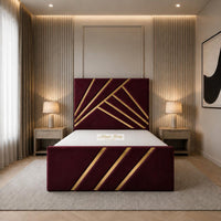 Plush Velvet Maroon - Monaco Luxury Geometric Bed – Designer Upholstered Bed Frame with Metallic Inlay Detailing