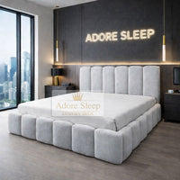 Plush Velvet Silver - Savoy Aurelia Luxury Upholstered Bed Frame – Sculpted Panel Statement Bed
