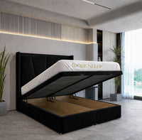 Plush Velvet Black - Valençay Flared Sunburst Wingback Bed | Luxury Divan Ottoman Upholstered Bed Frame