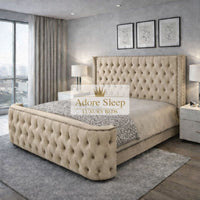 Naples Beige - Celestine Grandeur Luxury Upholstered Bed – Deep Button Tufted Headboard & Curved Statement Footboard