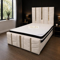 Naples Cream - Chevronne Luxury Chevron Panel Bed – Designer Upholstered Bed Frame with Metallic Inlay Detailing
